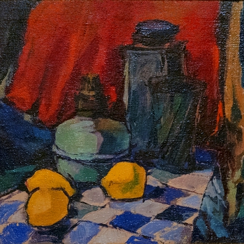 Tovaglia a quadri con vasi e limoni